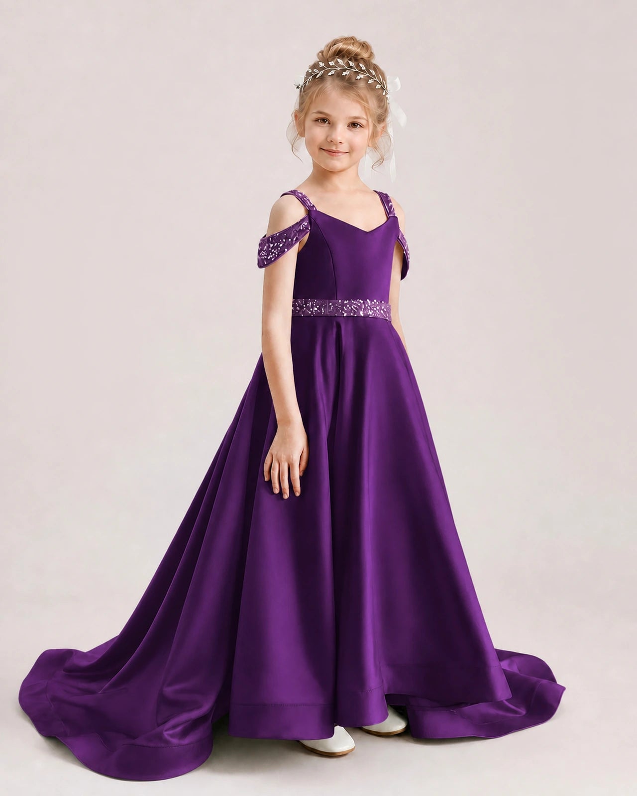Purple Kids Pageant Gown Off Shoulder Satin Long Train Formal Dress Side View