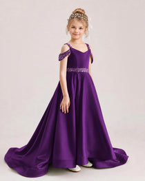 Purple Kids Pageant Gown Off Shoulder Satin Long Train Formal Dress Side View