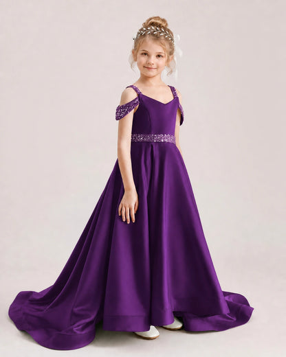 Purple Kids Pageant Gown Off Shoulder Satin Long Train Formal Dress Side View