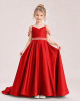 Red Satin A-line Pageant Dress Front View