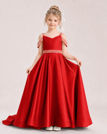 Red Kids Pageant Gown Off Shoulder Satin Long Train Formal Dress Front View