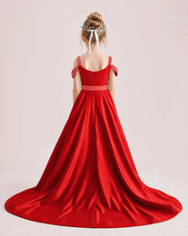 Red Kids Pageant Gown Off Shoulder Satin Long Train Formal Dress Back View