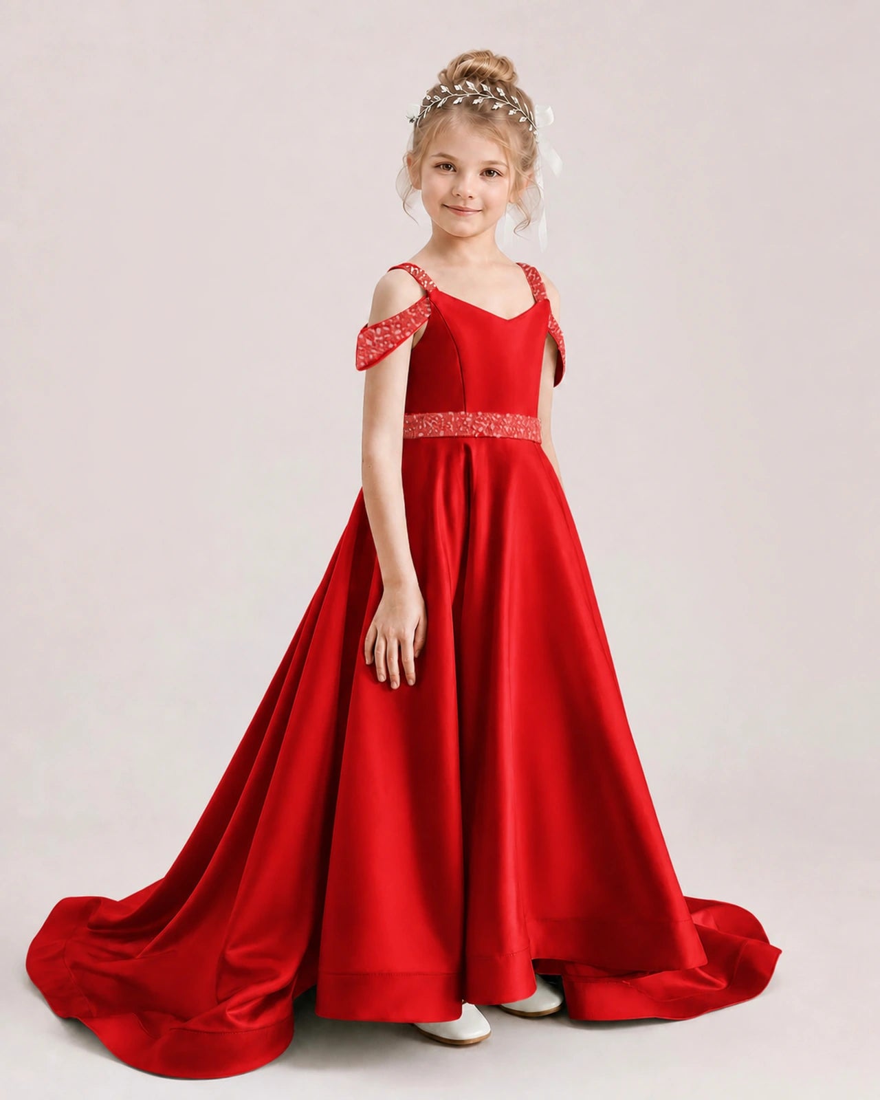 Red Kids Pageant Gown Off Shoulder Satin Long Train Formal Dress Side View
