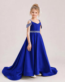 Royal Blue Kids Pageant Gown Off Shoulder Satin Long Train Formal Dress Side View