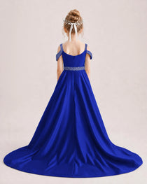 Royal Blue Kids Pageant Gown Off Shoulder Satin Long Train Formal Dress Back View