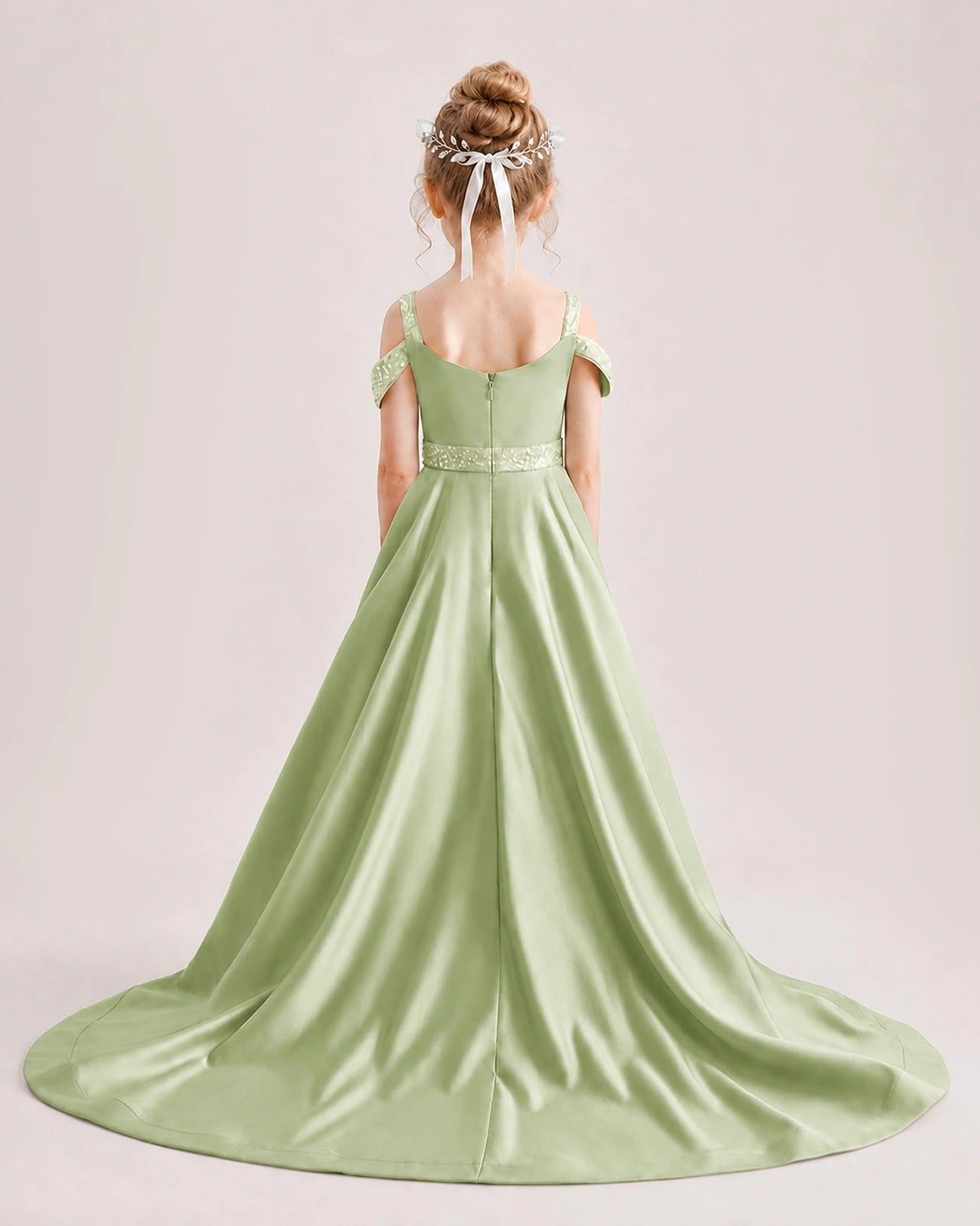 Sage Green Kids Pageant Gown Off Shoulder Satin Long Train Formal Dress Back View