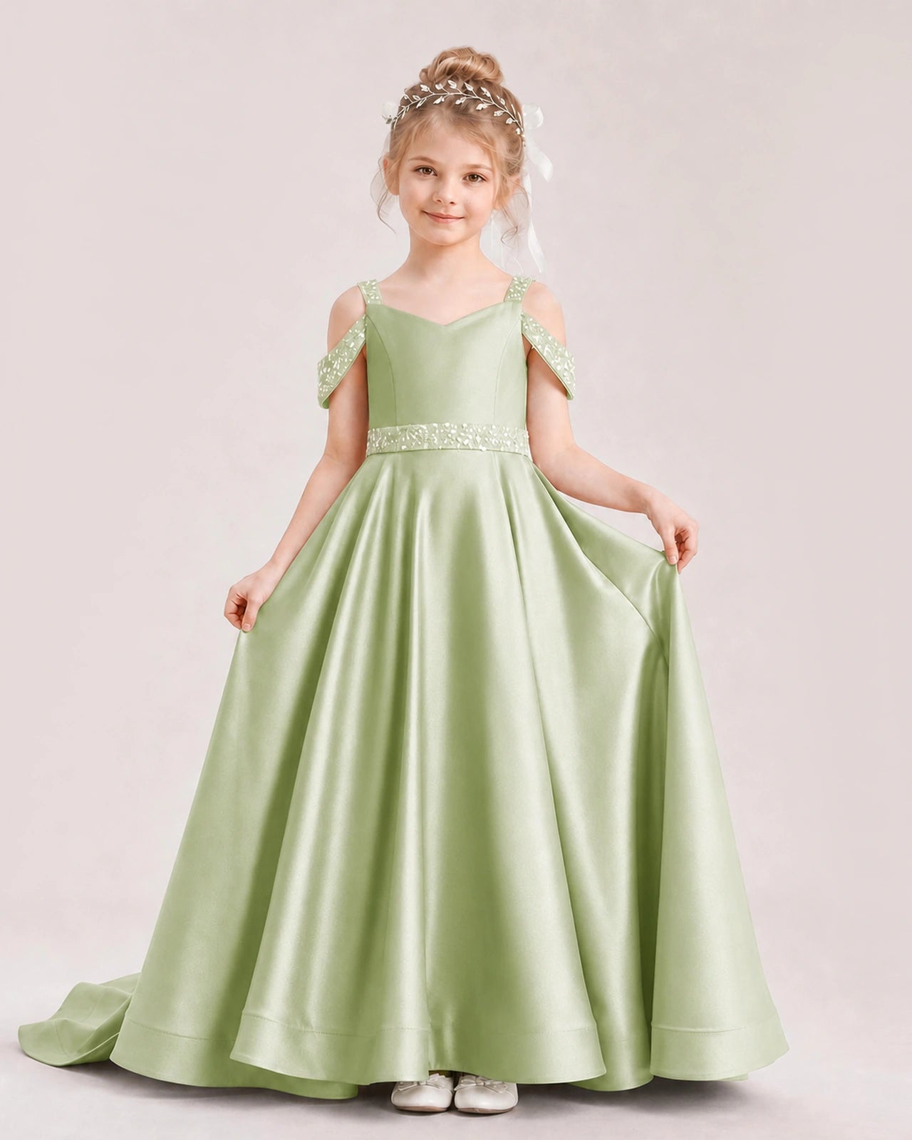 Sage Green Kids Pageant Gown Off Shoulder Satin Long Train Formal Dress Front View 