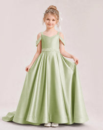 Sage Green Kids Pageant Gown Off Shoulder Satin Long Train Formal Dress Front View 