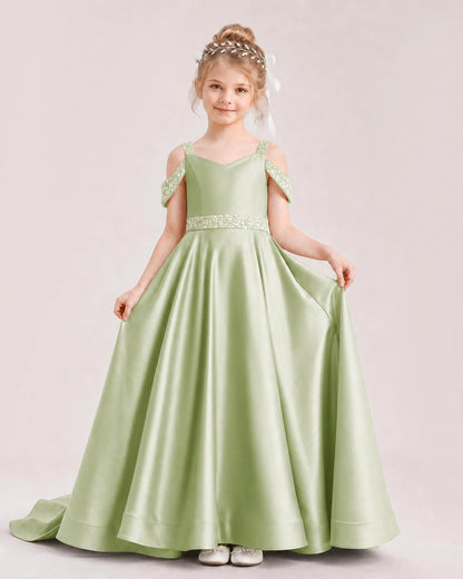 Sage Green Kids Pageant Gown Off Shoulder Satin Long Train Formal Dress Front View 