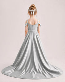 Silver Kids Pageant Gown Off Shoulder Satin Long Train Formal Dress Back View