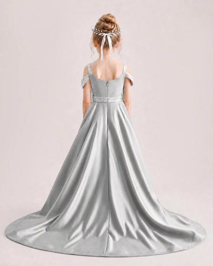Silver Kids Pageant Gown Off Shoulder Satin Long Train Formal Dress Back View