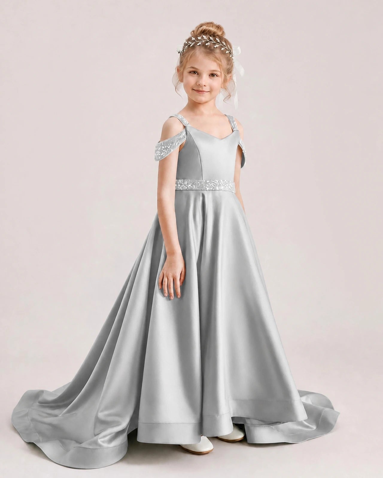 Silver Kids Pageant Gown Off Shoulder Satin Long Train Formal Dress Side View