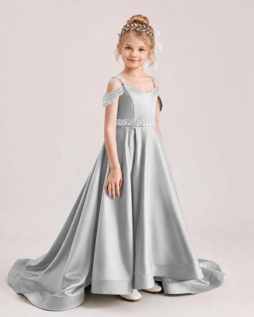 Silver Satin A-line Pageant Dress Front View