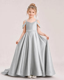 Silver Kids Pageant Gown Off Shoulder Satin Long Train Formal Dress Front View