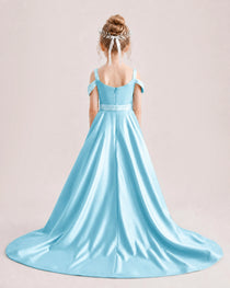 Sky Blue Kids Pageant Gown Off Shoulder Satin Long Train Formal Dress Back View