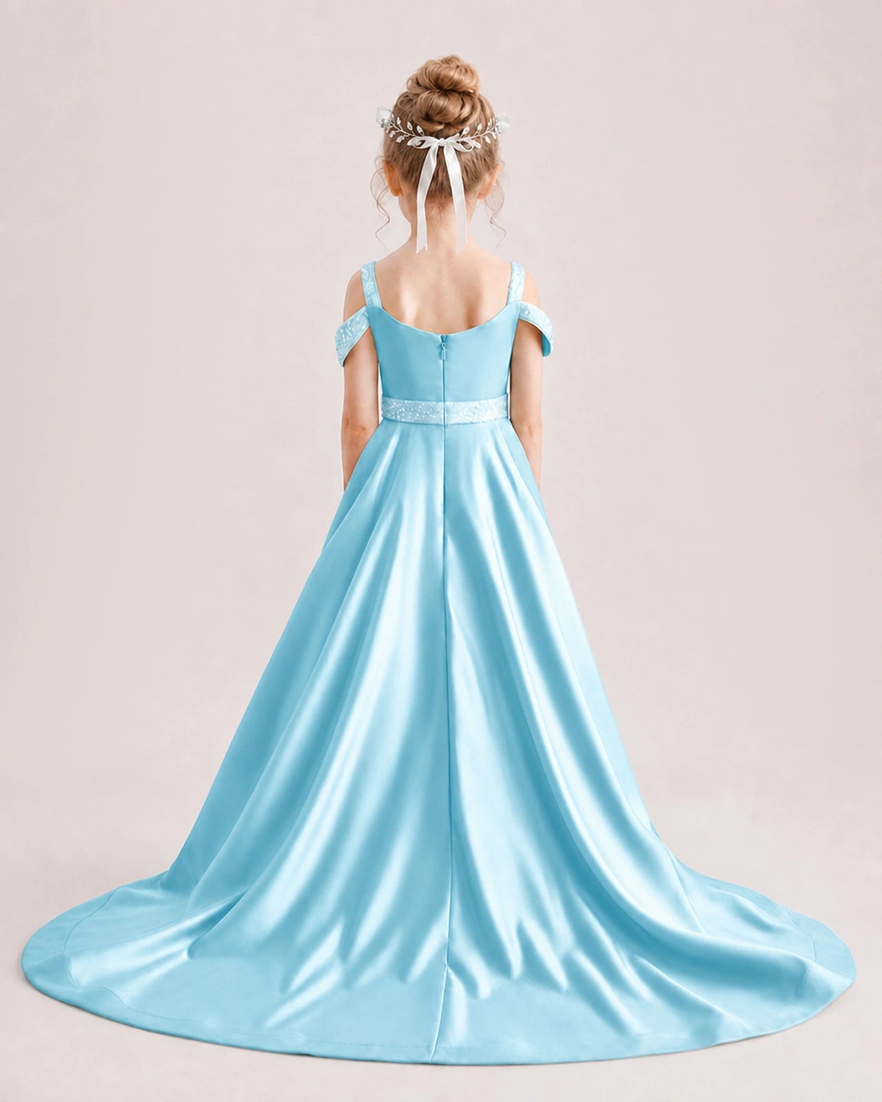 Sky Blue Kids Pageant Gown Off Shoulder Satin Long Train Formal Dress Back View