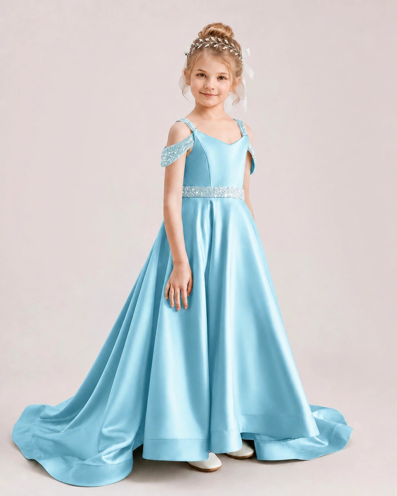Sky Blue Kids Pageant Gown Off Shoulder Satin Long Train Formal Dress Side View