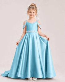 Sky Blue Kids Pageant Gown Off Shoulder Satin Long Train Formal Dress Front View