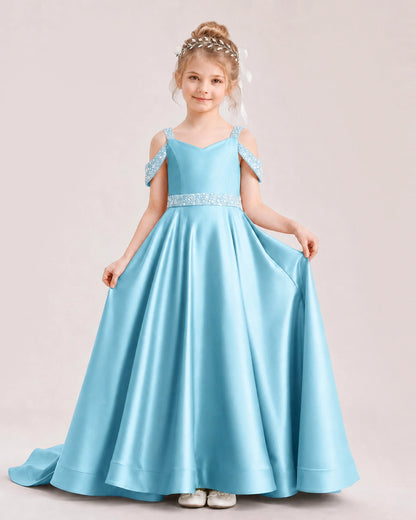 Sky Blue Kids Pageant Gown Off Shoulder Satin Long Train Formal Dress Front View