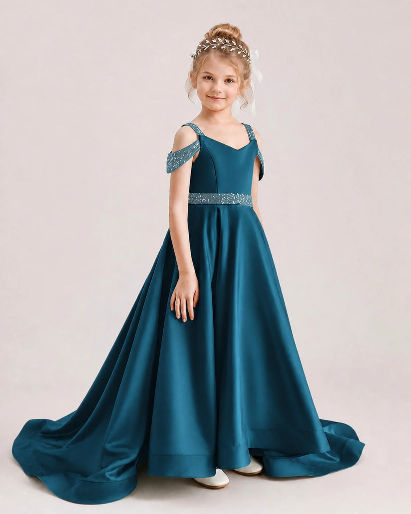 Teal Satin A-line Pageant Dress Front View