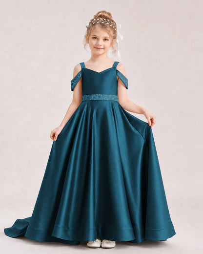 Teal Kids Pageant Gown Off Shoulder Satin Long Train Formal Dress Front View