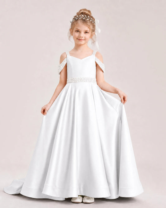 White Satin A-line Pageant Dress Front View
