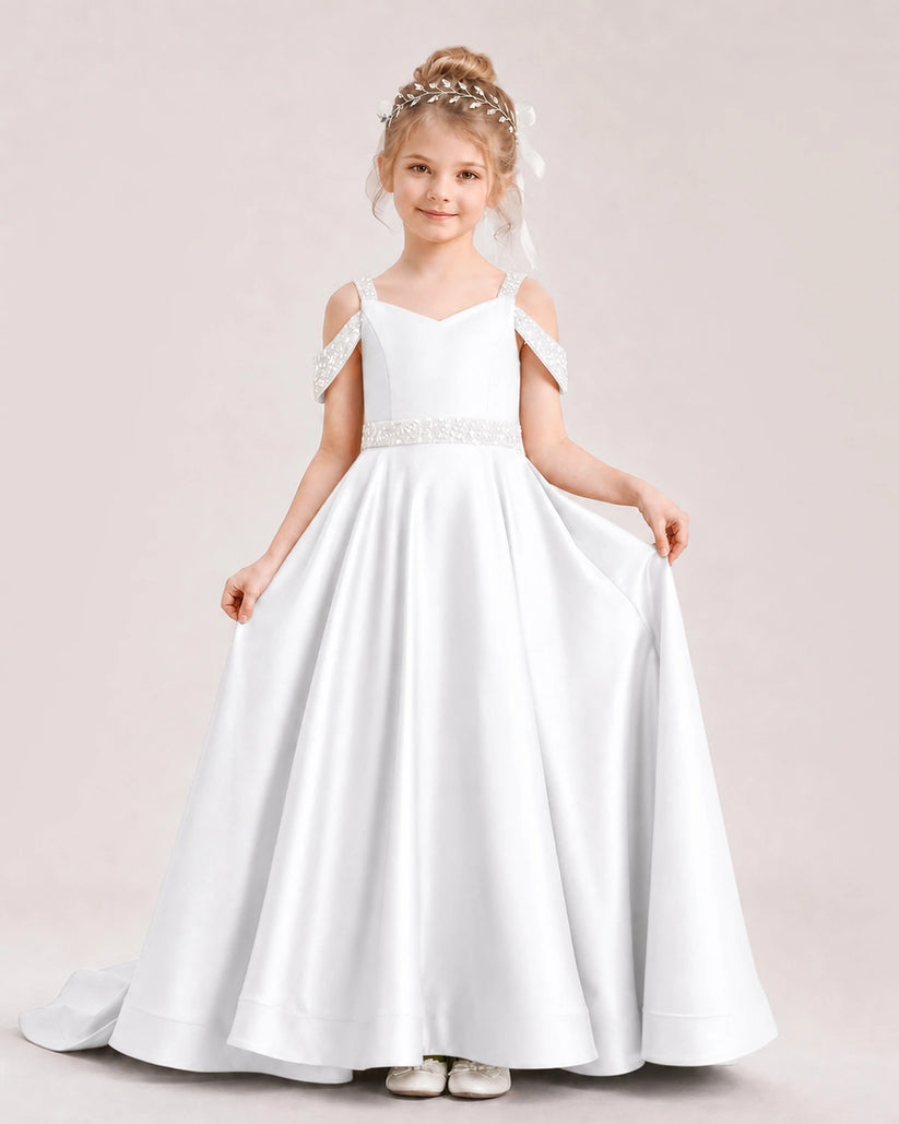 White Satin A-line Pageant Dress Front View