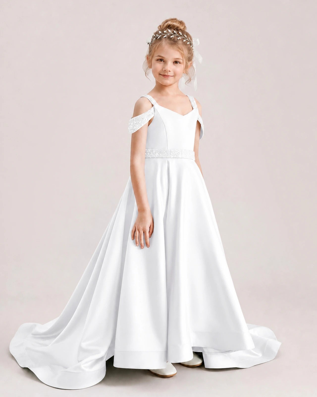 White Kids Pageant Gown Off Shoulder Satin Long Train Formal Dress Side View