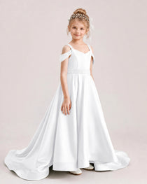 White Kids Pageant Gown Off Shoulder Satin Long Train Formal Dress Side View