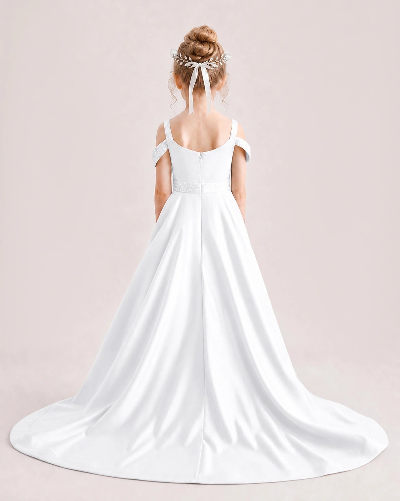 White Kids Pageant Gown Off Shoulder Satin Long Train Formal Dress Back View