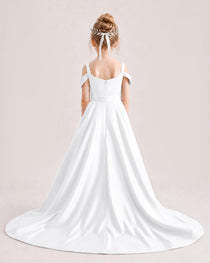 White Kids Pageant Gown Off Shoulder Satin Long Train Formal Dress Back View
