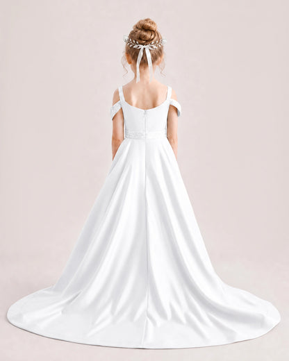 White Kids Pageant Gown Off Shoulder Satin Long Train Formal Dress Back View