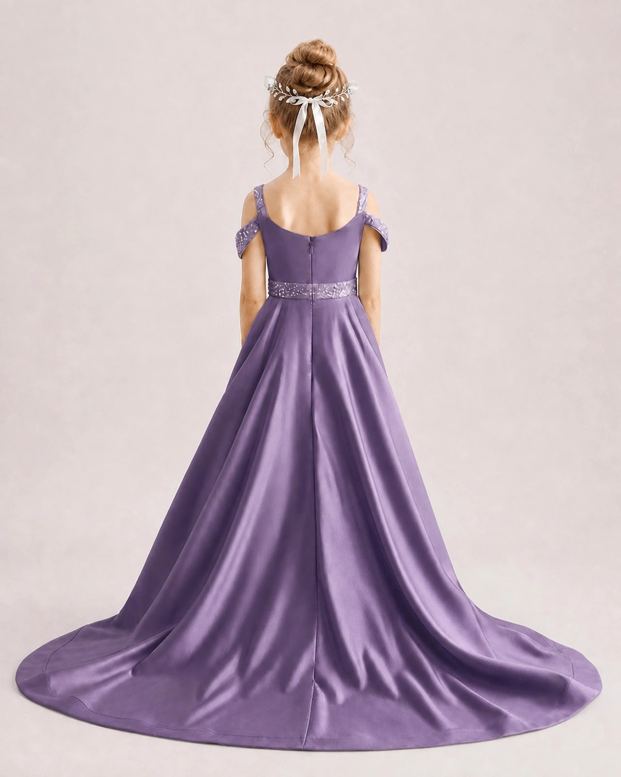 Wisteria Kids Pageant Gown Off Shoulder Satin Long Train Formal Dress Back View