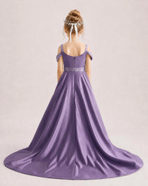 Wisteria Kids Pageant Gown Off Shoulder Satin Long Train Formal Dress Back View