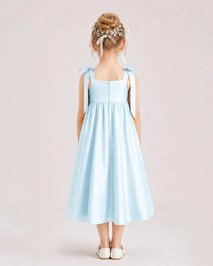 Baby Blue Flower Girl Dress Satin Midi Spaghetti Strap Gown Back View
