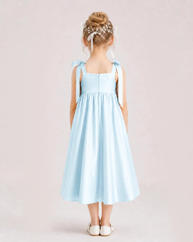 Baby Blue Satin A-line Girls Formal Dress Back View