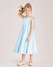 Baby Blue Flower Girl Dress Satin Midi Spaghetti Strap Gown Side View