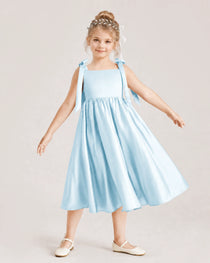 Baby Blue Flower Girl Dress Satin Midi Spaghetti Strap Gown Front View
