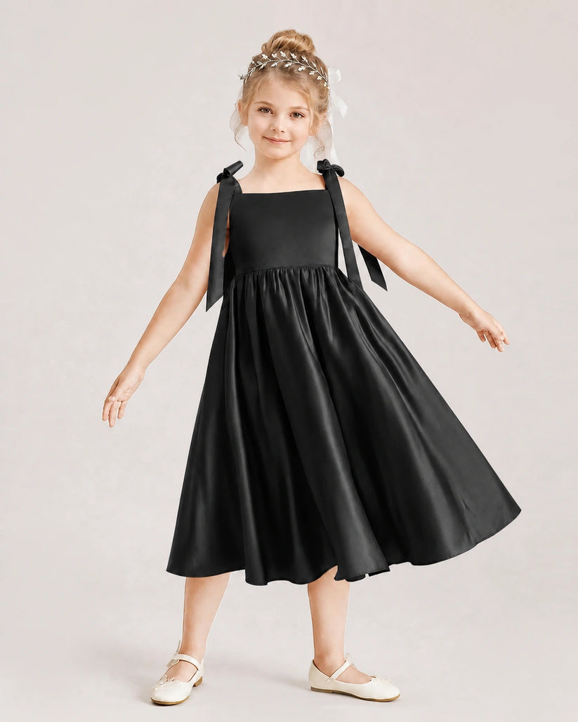 Black Satin A-line Girls Formal Dress Front View