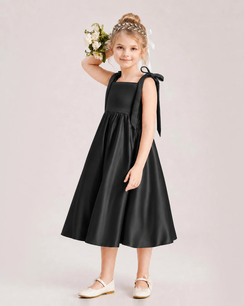 Black Satin A-line Girls Formal Dress Front View