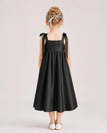 Black Flower Girl Dress Satin Midi Spaghetti Strap Gown Back View