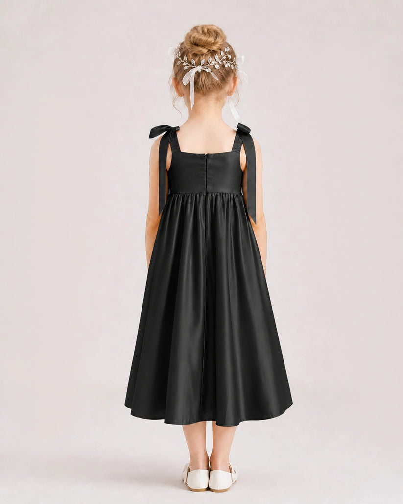 Black Satin A-line Girls Formal Dress Back View