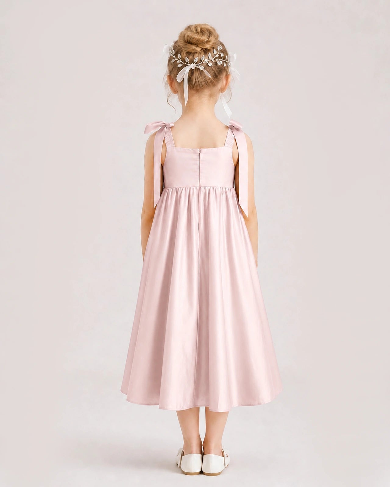 Blush Pink Flower Girl Dress Satin Midi Spaghetti Strap Gown Back View