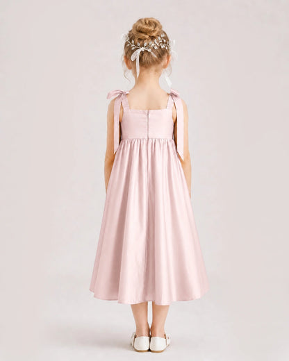 Blush Pink Flower Girl Dress Satin Midi Spaghetti Strap Gown Back View