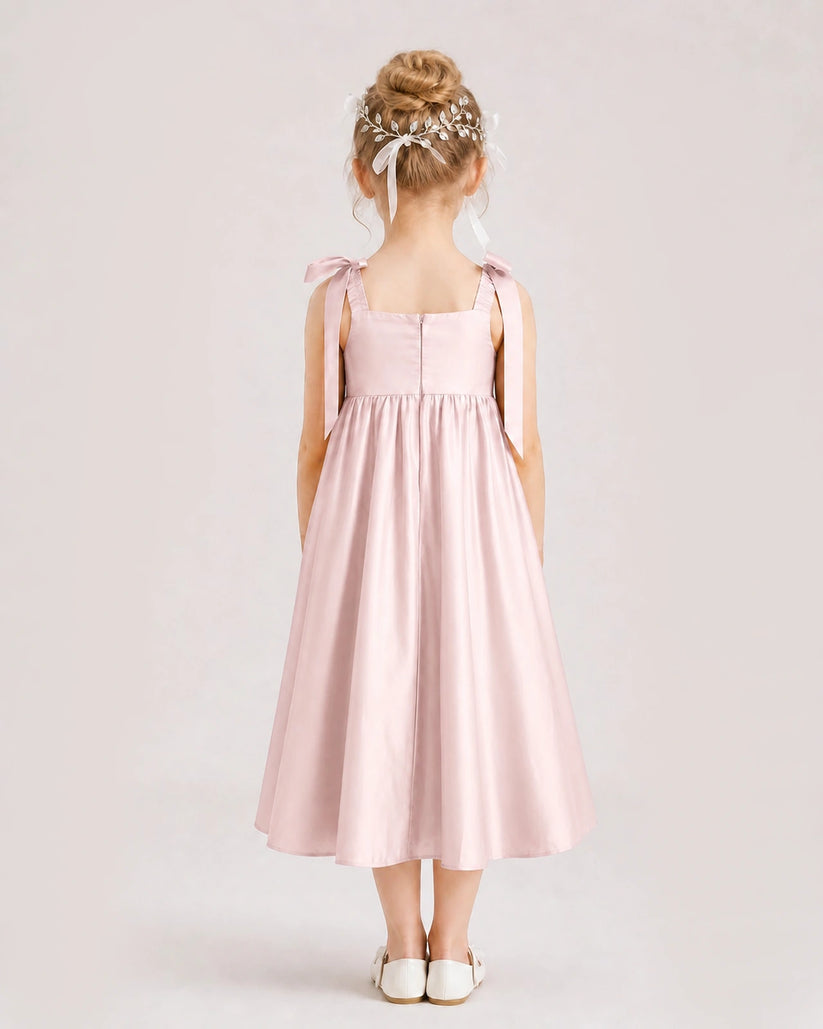 Blush Pink Satin A-line Girls Formal Dress Back View
