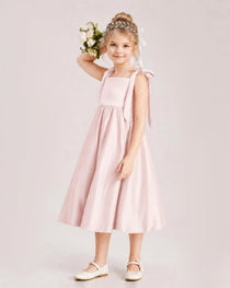 Blush Pink Flower Girl Dress Satin Midi Spaghetti Strap Gown Side View