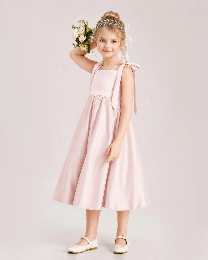 Blush Pink Satin A-line Girls Formal Dress Front View
