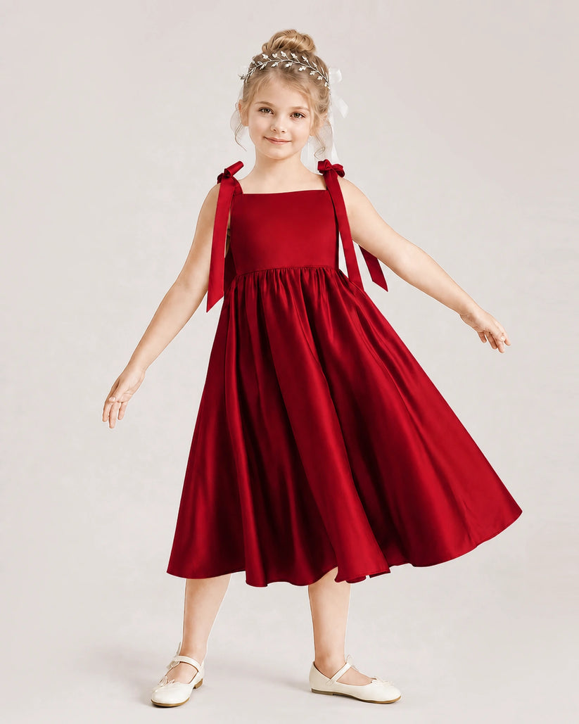 Burgundy Satin A-line Girls Formal Dress Front View