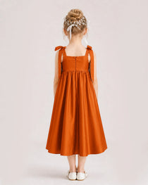 Burnt OrangeFlower Girl Dress Satin Midi Spaghetti Strap Gown Back View