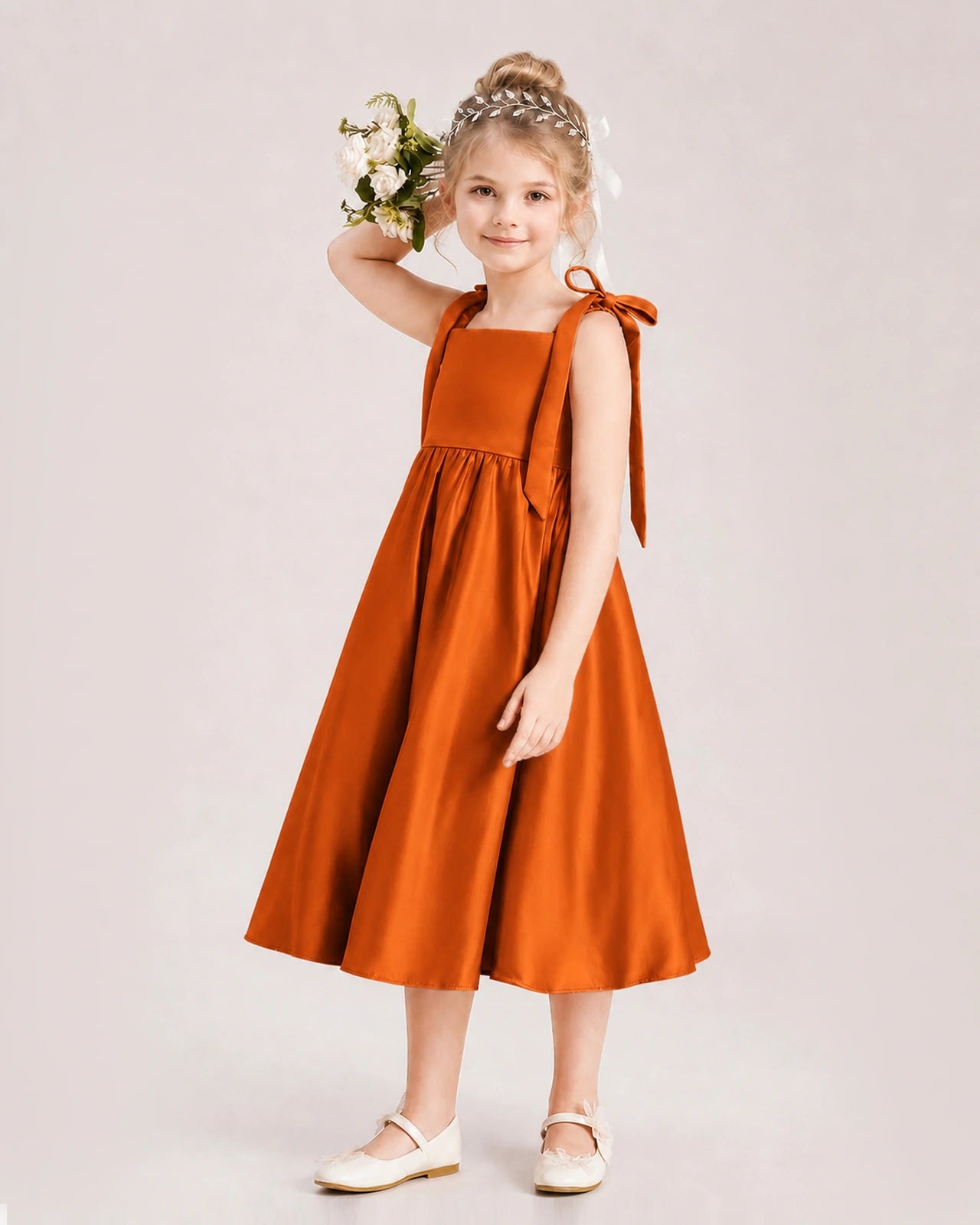 Burnt OrangeFlower Girl Dress Satin Midi Spaghetti Strap Gown Side View